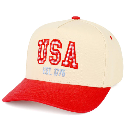 C.C Gingham Check USA EST 1776 Letter Two Tone Trucker Hat
