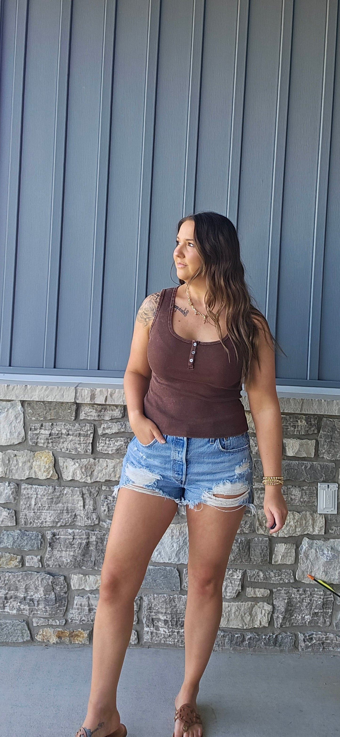 Cocoa Ribbed Henley Tank